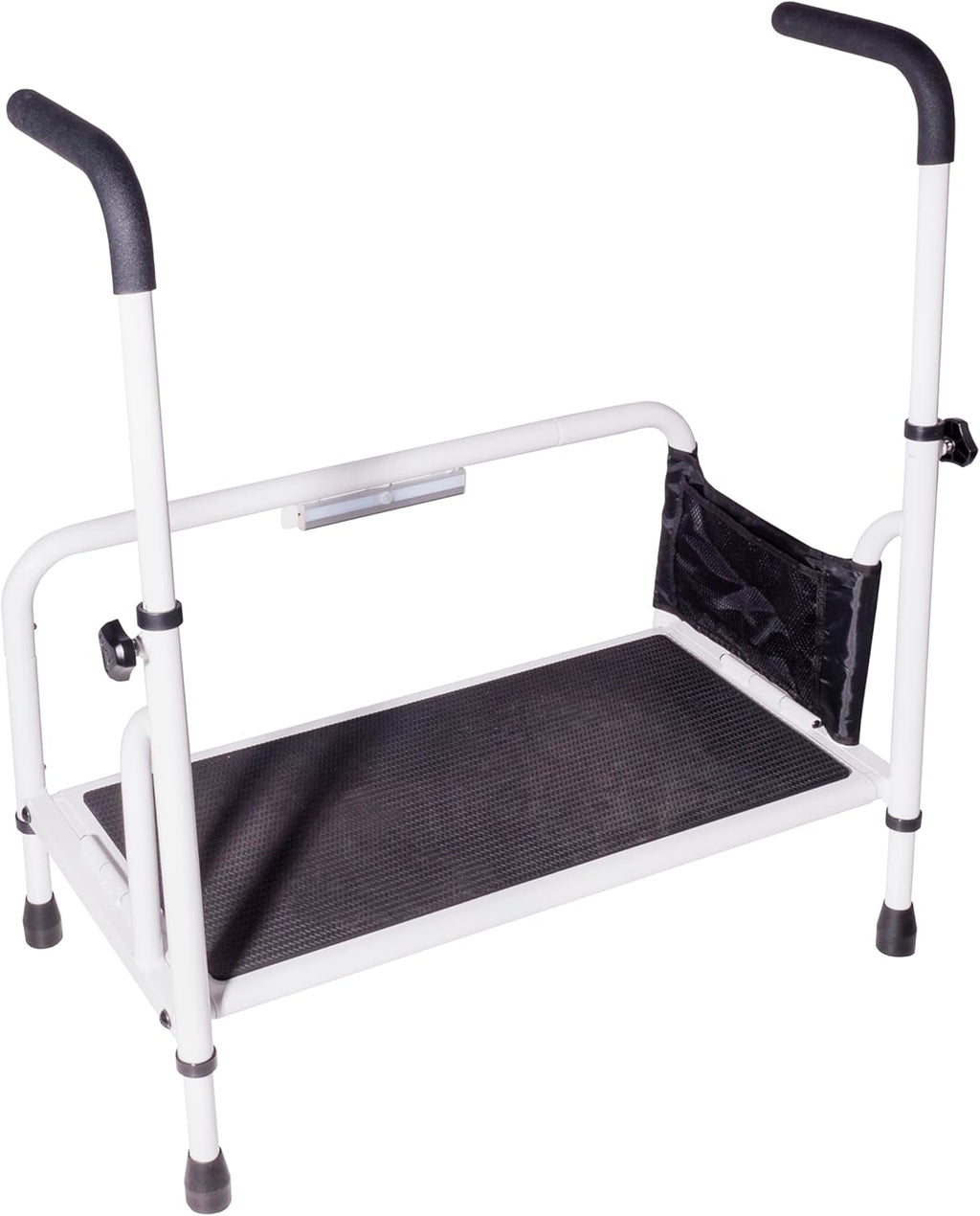 Stander Step-Stool, Portable Step with Adjustable Handles for Seniors and Elderly Adults, Extra Wide Heavy Duty Step-Ladder for Fall Prevention, Grab Bars, Motion Activated LED Light, White