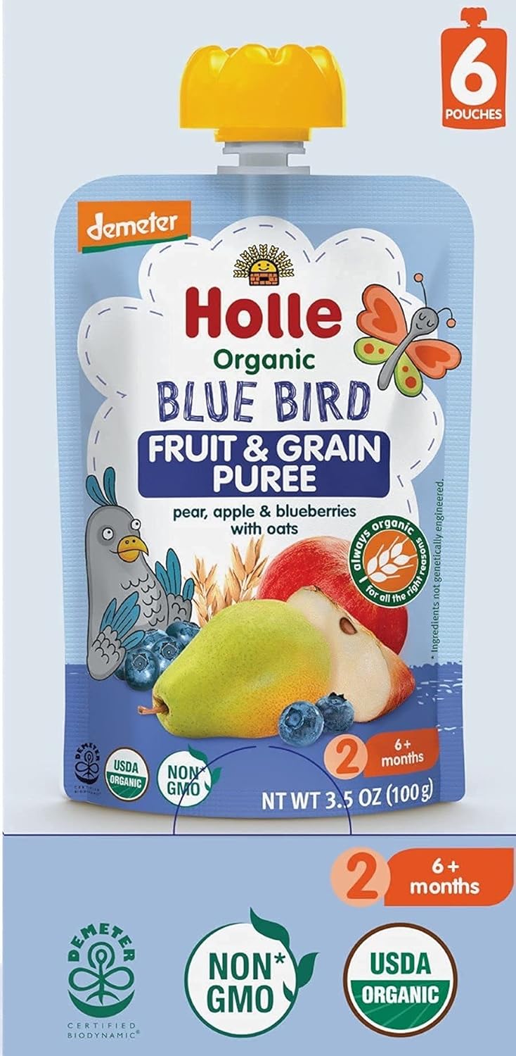 Holle Organic Baby Food Pouches - Blue Bird Baby Puree with Pear, Apple, Blueberry & Oat - (6 Pack) Organic Baby Snacks + Fruit and Veggie Pouches for Weaning Babies 6 Months and Older