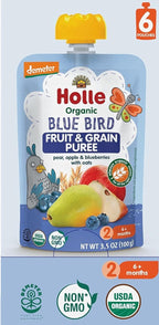 Holle Organic Baby Food Pouches - Blue Bird Baby Puree with Pear, Apple, Blueberry & Oat - (6 Pack) Organic Baby Snacks + Fruit and Veggie Pouches for Weaning Babies 6 Months and Older