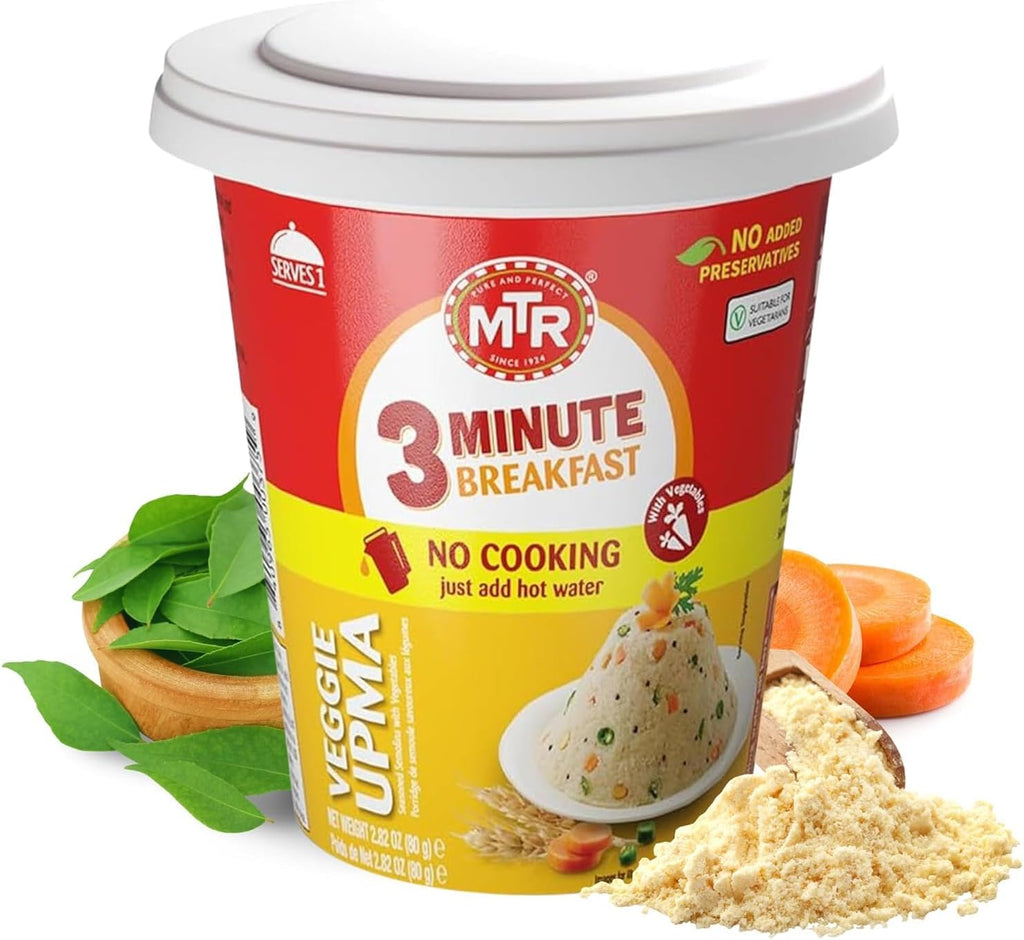 MTR 3minute Veggie Poha - Ready-to-Cook Mix - Authentic Indian Food in Just 3 Minutes - 100% Vegetarian - No Added Preservatives - Just Add Hot Water - Quick & Easy ((Veggie Upma Cup - 80g, Pack of 6)