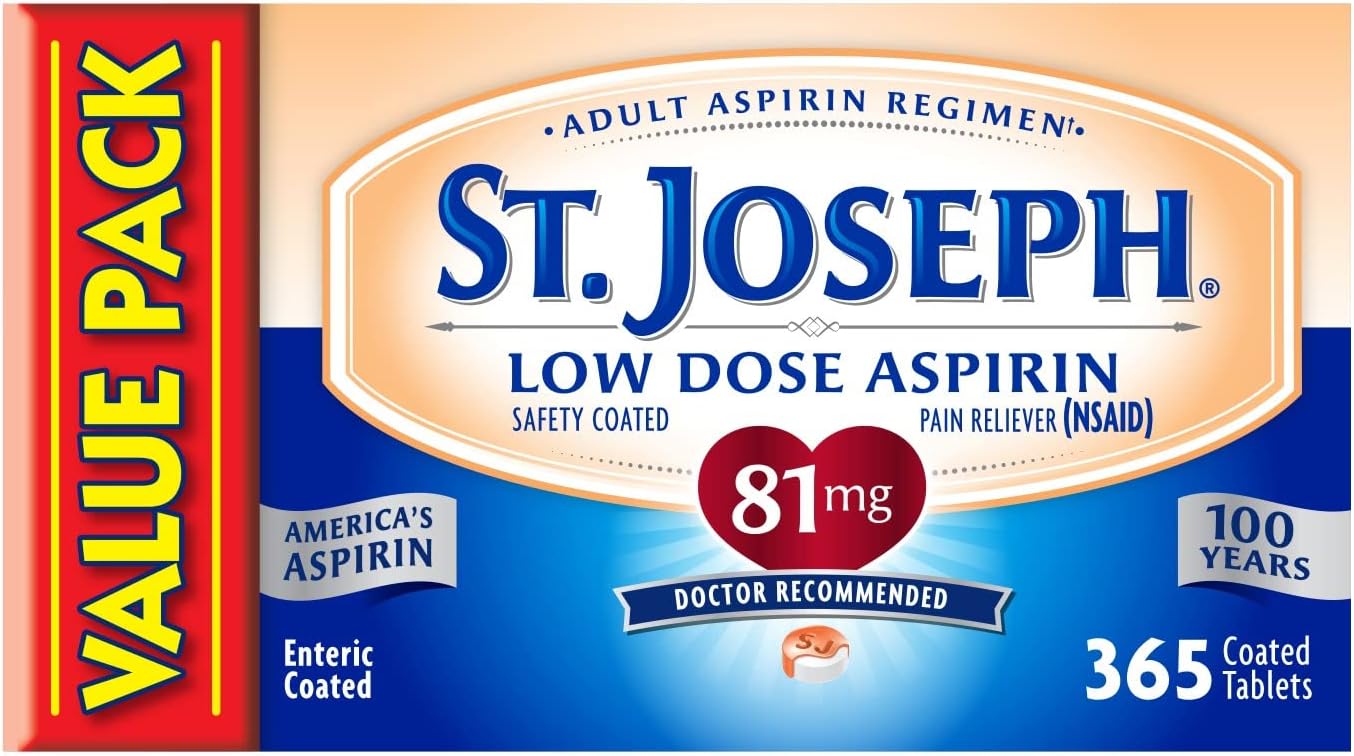 St. Joseph Aspirin Pain Reliever (NSAID) 81mg, Enteric Safety Coated, Adult Low Dose Aspirin, 365 ct (1 Year Supply, Packaging May Vary)