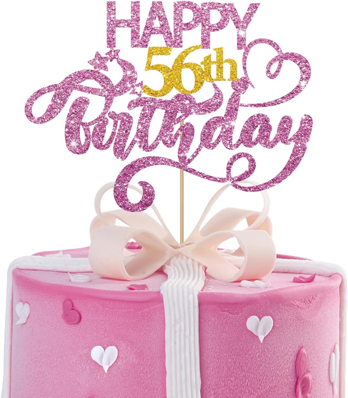 Pink Glitter Happy 56th Birthday Cake Topper, 1 x 56th Birthday Cake Decor, Gold Number 56