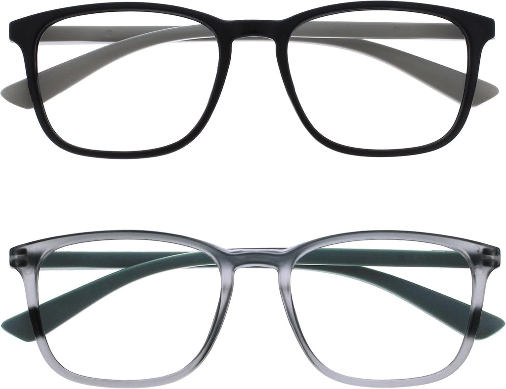 OPULIZE Max Classic Reading glasses for Women Men,Scratch Resistant Large Rectangular frame with Spring Hinges, Black & Grey +3 (Pack of 2)