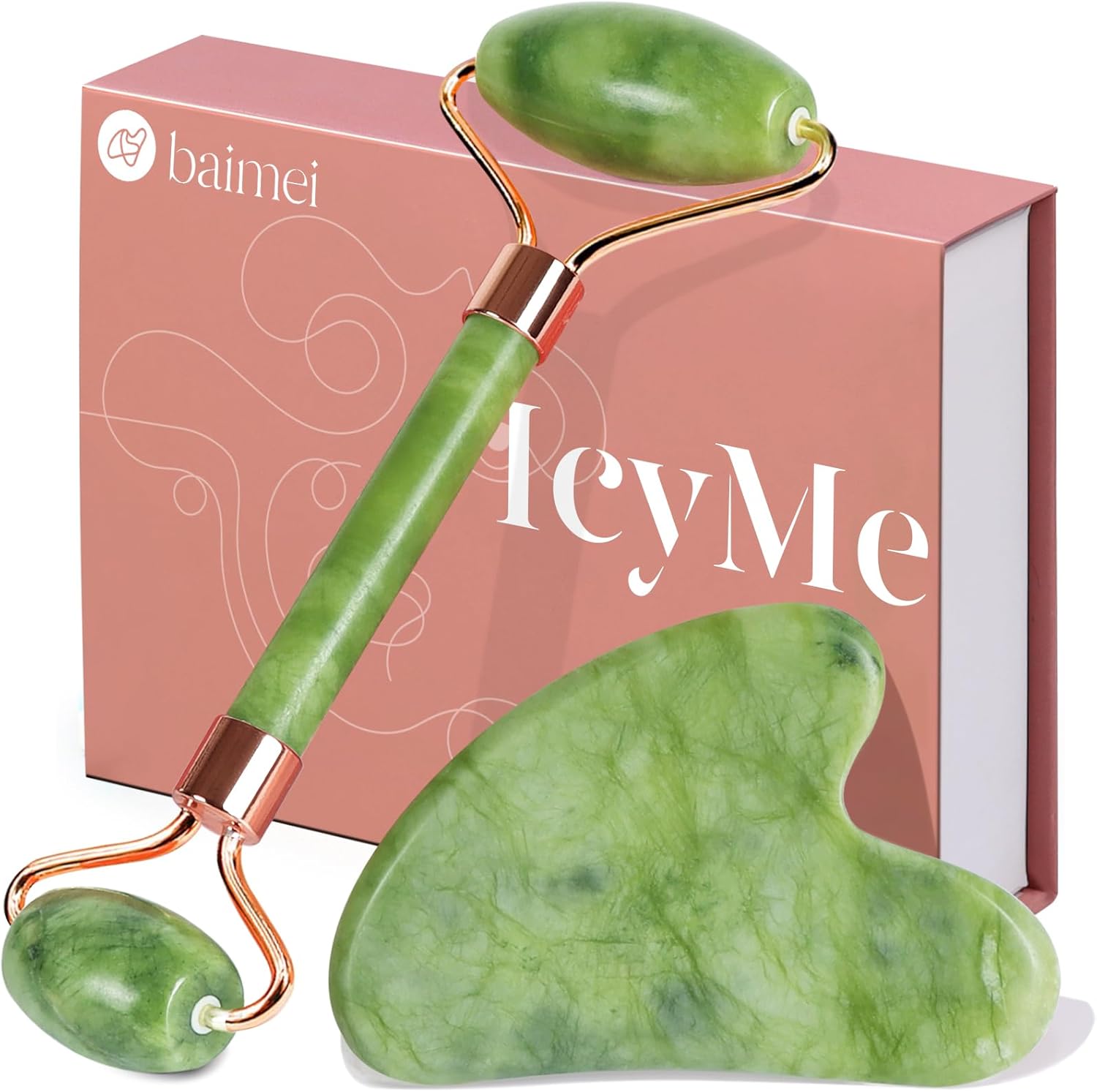 BAIMEI IcyMe Gua Sha & Jade Roller Set, Cooling Face Roller & Gua Sha Tool for Depuffing, Facial Sculpting & Jawline Definition, Smooth Rolling Skincare Tools for Women & Men – Green