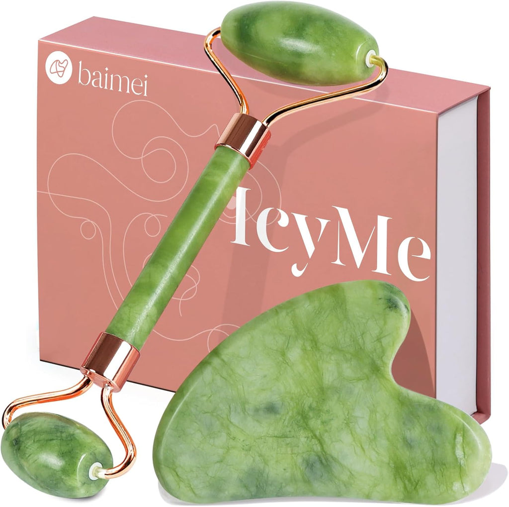BAIMEI IcyMe Gua Sha & Jade Roller Facial Tools Face Roller and Gua Sha Set for Puffiness and Redness Reducing Skin Care Routine, Self Care for Men Women - Green