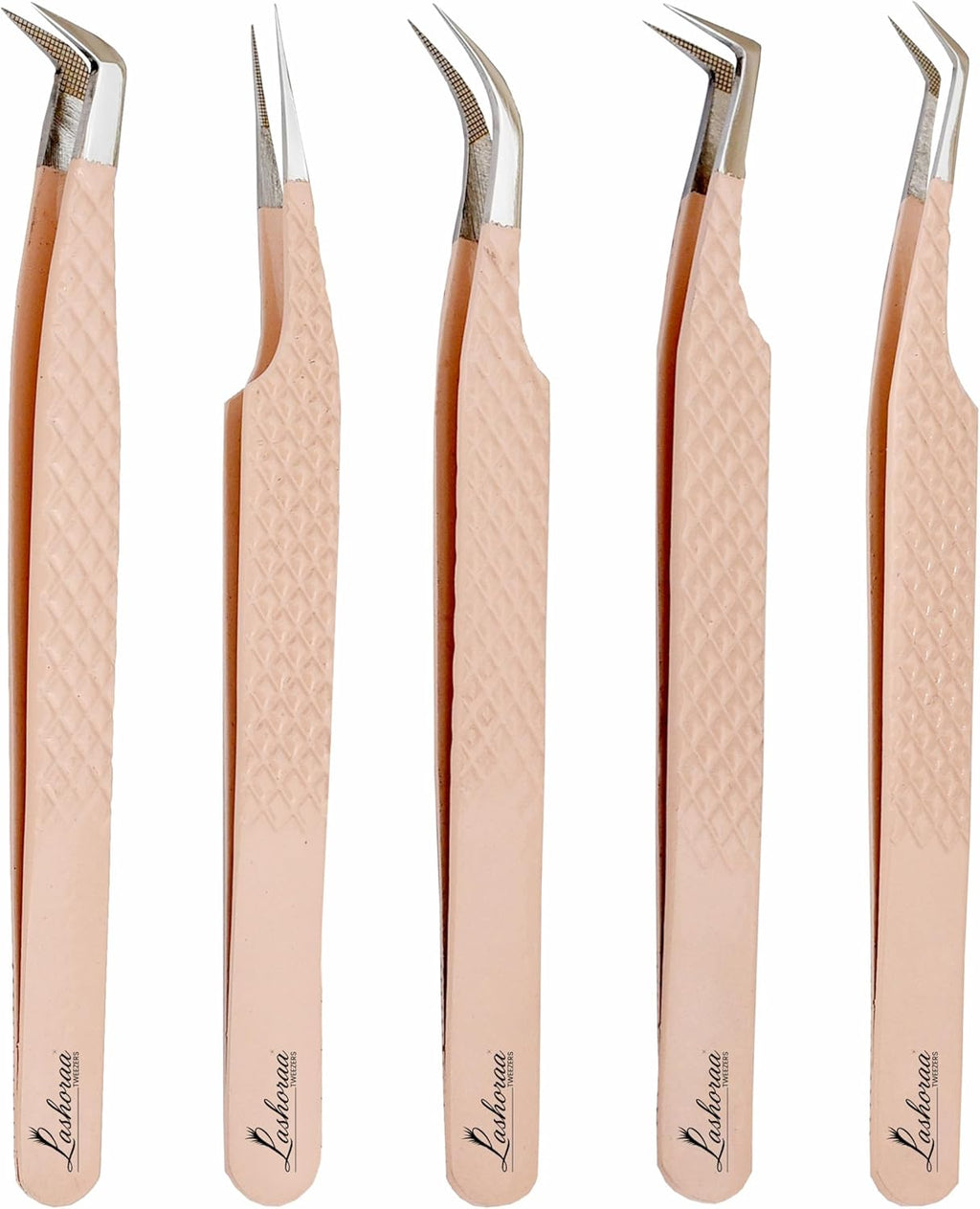 LASHORAA Professional 5pc Lash Extension Tweezers Pack - Fiber Tip Diamond Grip Japanese Steel, Precision Angled Tips - Perfect for Volume & Mega Volume Lashes with Leather Pouch (Peach)