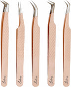 LASHORAA Professional 5pc Lash Extension Tweezers Pack - Fiber Tip Diamond Grip Japanese Steel, Precision Angled Tips - Perfect for Volume & Mega Volume Lashes with Leather Pouch (Peach)