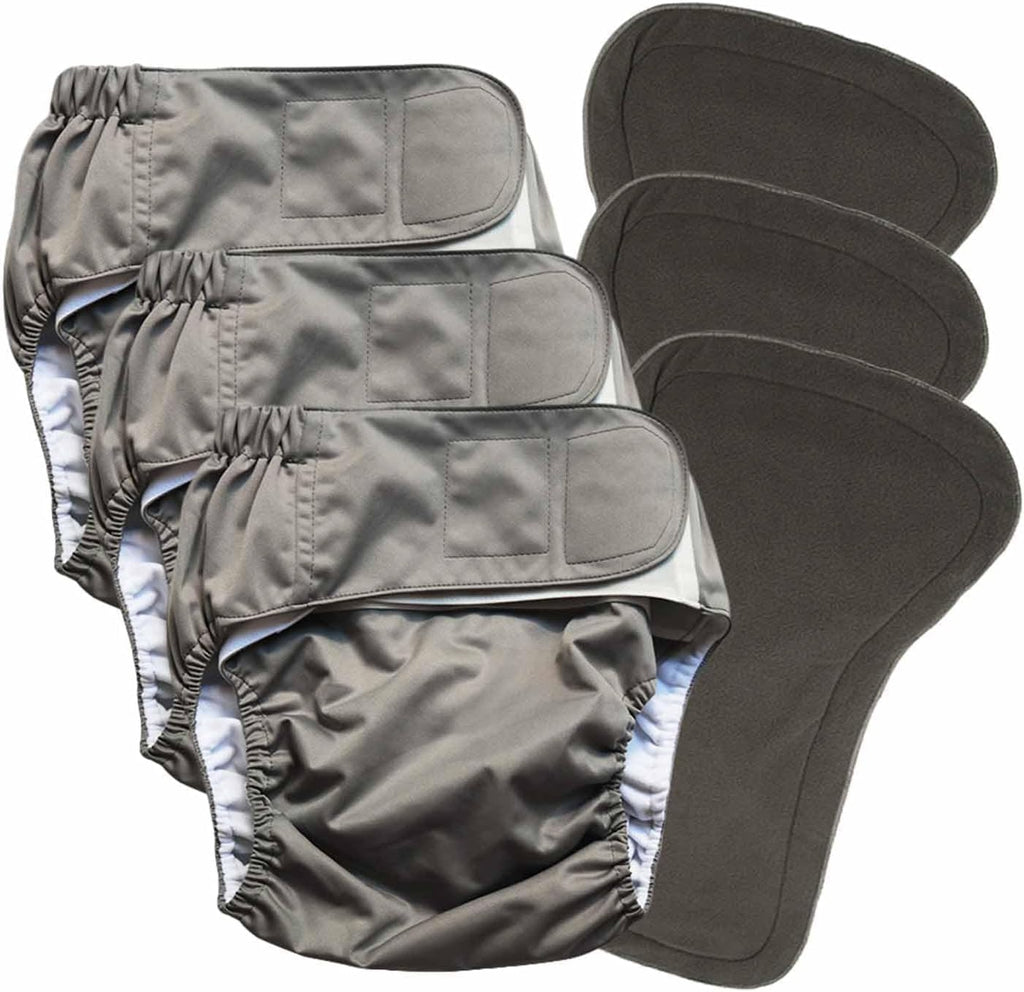 3 Pack Cloth Adult Diapers with Oversized Inserts, TPU Nappies Reusable Washable Incontinence Care Protection Diaper for Men or Women, Elderly, Waist 23.6-35.4In(M)