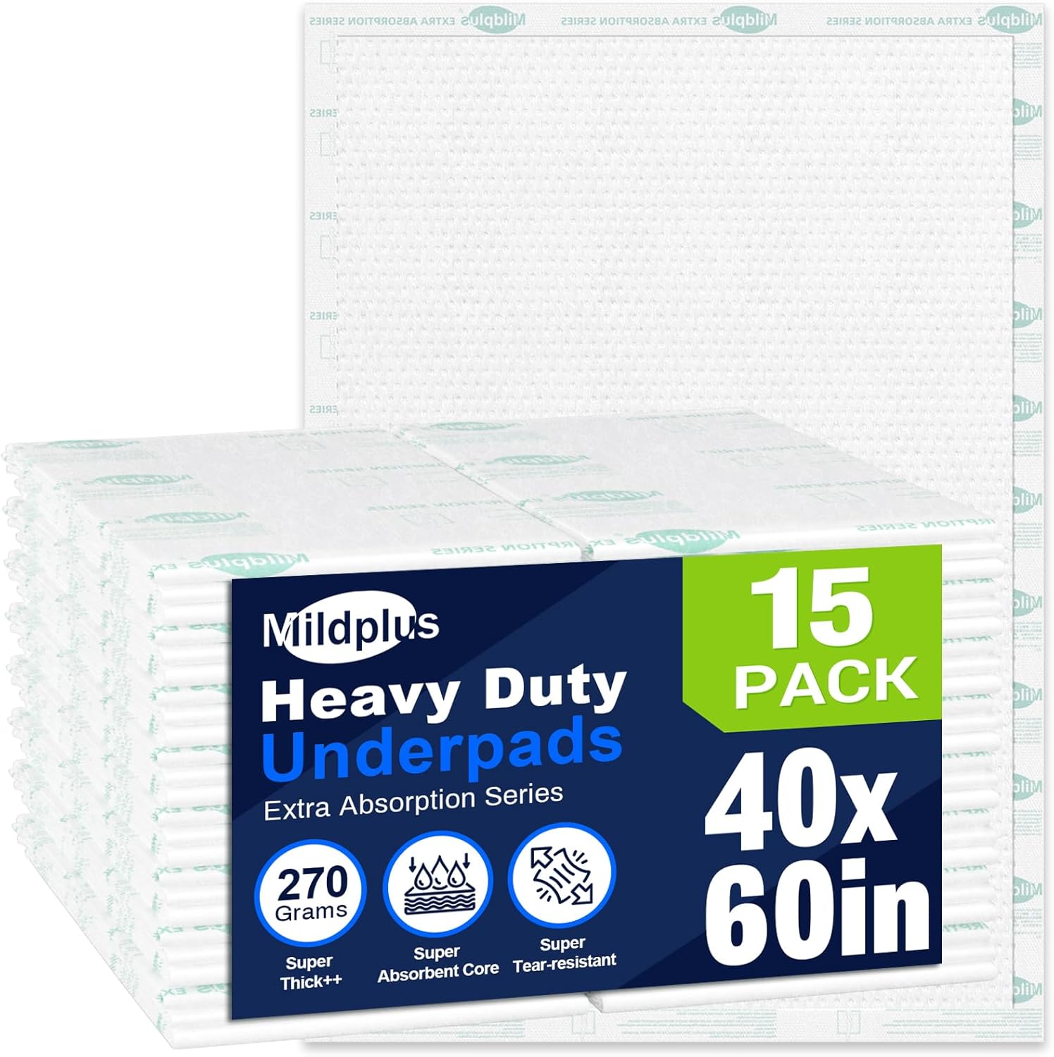 Heavy Duty Underpads 40"X60" Super Sized Chucks Pads 270 Grams Disposable Bed Pads with Strength Cloth Backing Extra Absorption Pads for Incontinence (100X152CM, 15 Count, Discreet Packaging)