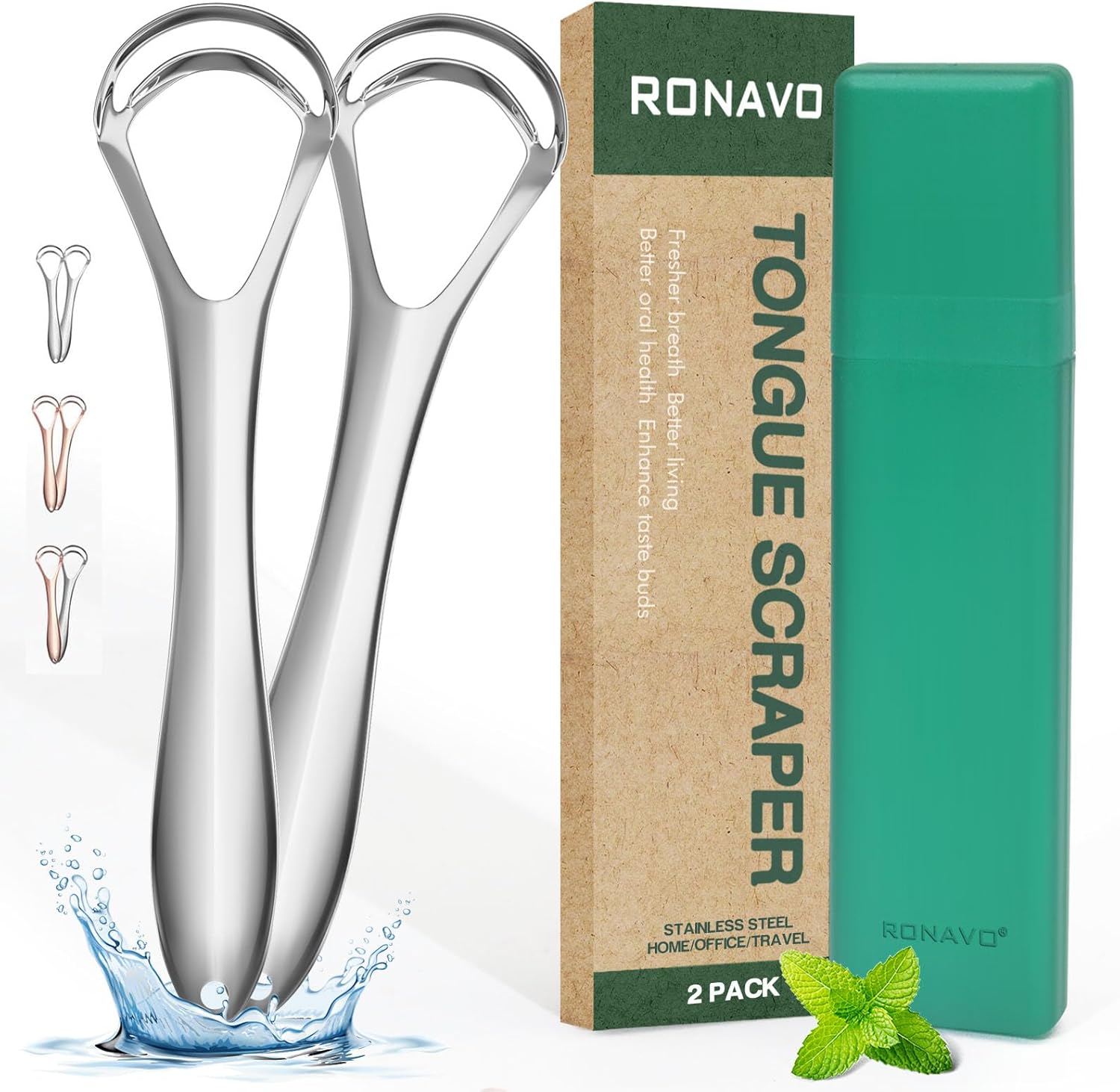 RONAVO Tongue Scraper for Adult with Thick Tongue Coating, Dual Scraping Head Design for Deep Clean, Stainless Steel Tongue Cleaner, Bad Breath Gone, Help Improve Oral Hygiene