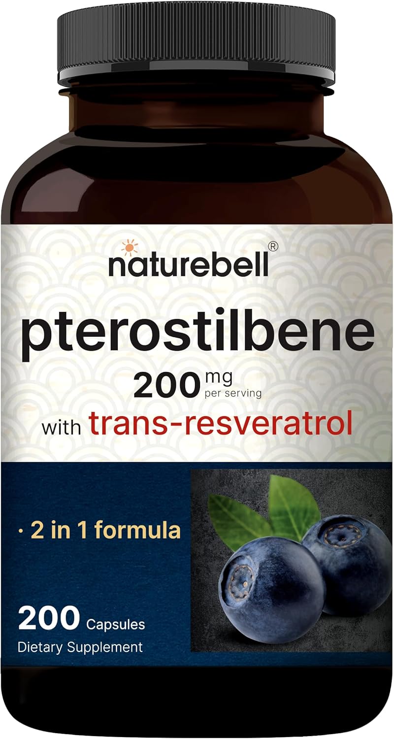 NatureBell Pterostilbene 200 mg Per Serving with Trans-Resveratrol – 200 Capsules – 2-in-1 Antioxidant Polyphenol Formula* – Non-GMO
