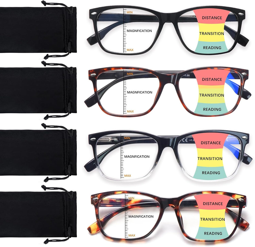 Progressive Multifocus Reading Glasses for Men Women Blue Light Blocking Square Computer Readers with Spring Hinges