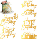6 Pcs Flat Cake Toppers Gold Happy Birthday Cakes Topper Acrylic Cakes Inserts Flat Happy Birthday Decoration Sign Side Mirror for DIY Party Decorating Supplies