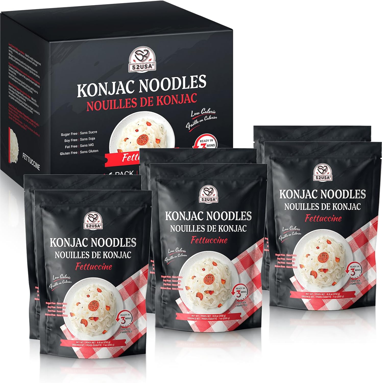 52USA Konjac Shirataki Noodle, Fettuccine, Low Carb Pasta 52.8 Oz (1500 g), Keto and Paleo Friendly, Sugar Free, Vegan, Gluten Free, Ready to Eat, Low Calorie Noodles 6 Pack Inside