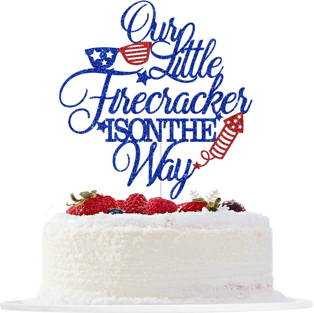 Our Little Firecracker is on The Way Cake Topper, Patriotic Baby Shower Cake Topper, 4th of July Baby Shower Gender Reveal Party Decorations Glitter