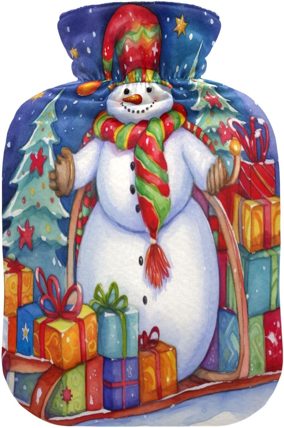 Hot Water Bottle with Cover 1L Warm Water Bottle for Hot and Cold Compress Hot and Cold Therapies,Hand Feet Warmer,Christmas Snowman