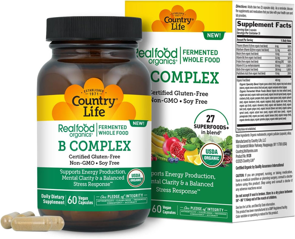 Country Life Realfood Organics B Complex – Whole Food Vitamin B from Fermented Superfoods – USDA Organic, Vegan, Non-GMO, Gluten-Free – Supports Energy Production & Mental Clarity* – 60 Capsules