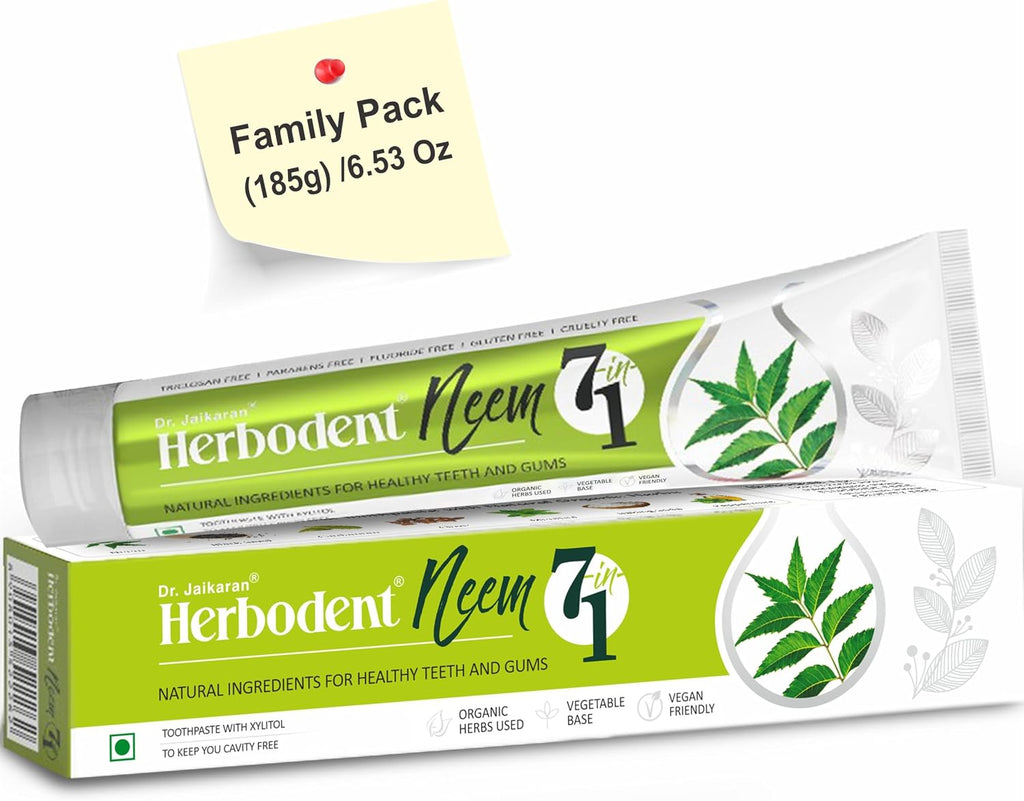 Herbodent® NEEM 7 in 1 Toothpaste- 6.53oz/185g Pack of 1 | Organic Herbs-Neem, Black Seed & Xylitol for Anti Cavity, Cardamom & Mint for Freshness, Baking Soda for great Cleaning-No Fluoride & Paraben