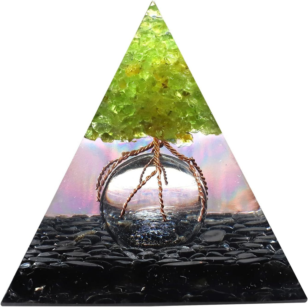 Amogeeli Peridot Crystal Tree of Life Orgone Crystal Pyramid with Glass Sphere, Healing Stone Orgonite Pyramid for Meditation Reiki Yoga Home Decoration
