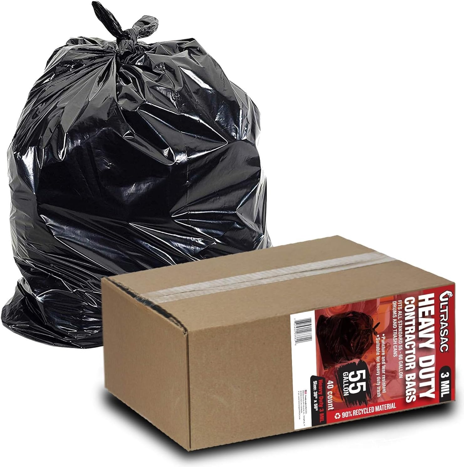 Ultrasac Heavy Duty 55 Gallon Contractor Bags - (40 Count, 3 MIL) - 38" x 58" - Large Black Plastic Trash Can Liners - 55-60 Gal Garbage Bag Drum Liners for Outdoor & Contractors