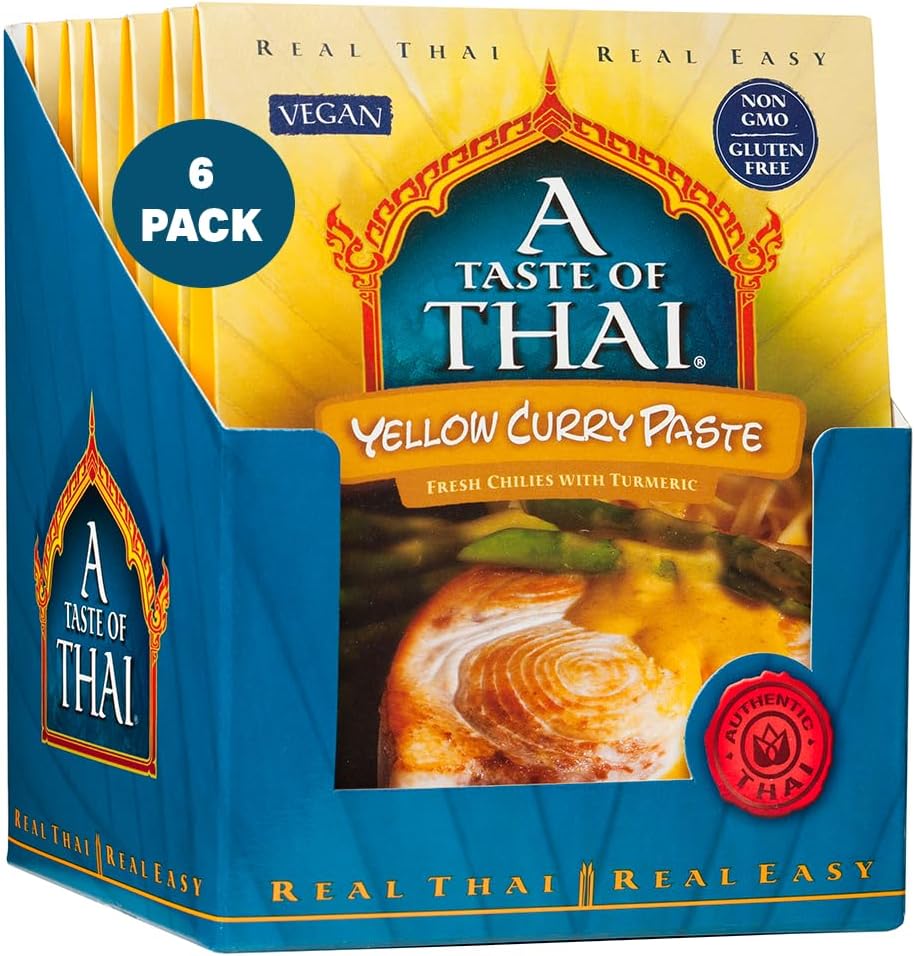 A Taste of Thai Yellow Curry Paste – Authentic & Natural Ready-to-Use Thai Curry Paste - Vegan, Gluten‑Free & Non‑GMO - Golden, Aromatic Flavor for Curries, Stir‑Fries & Soups - 1.75 oz (Pack of 6)