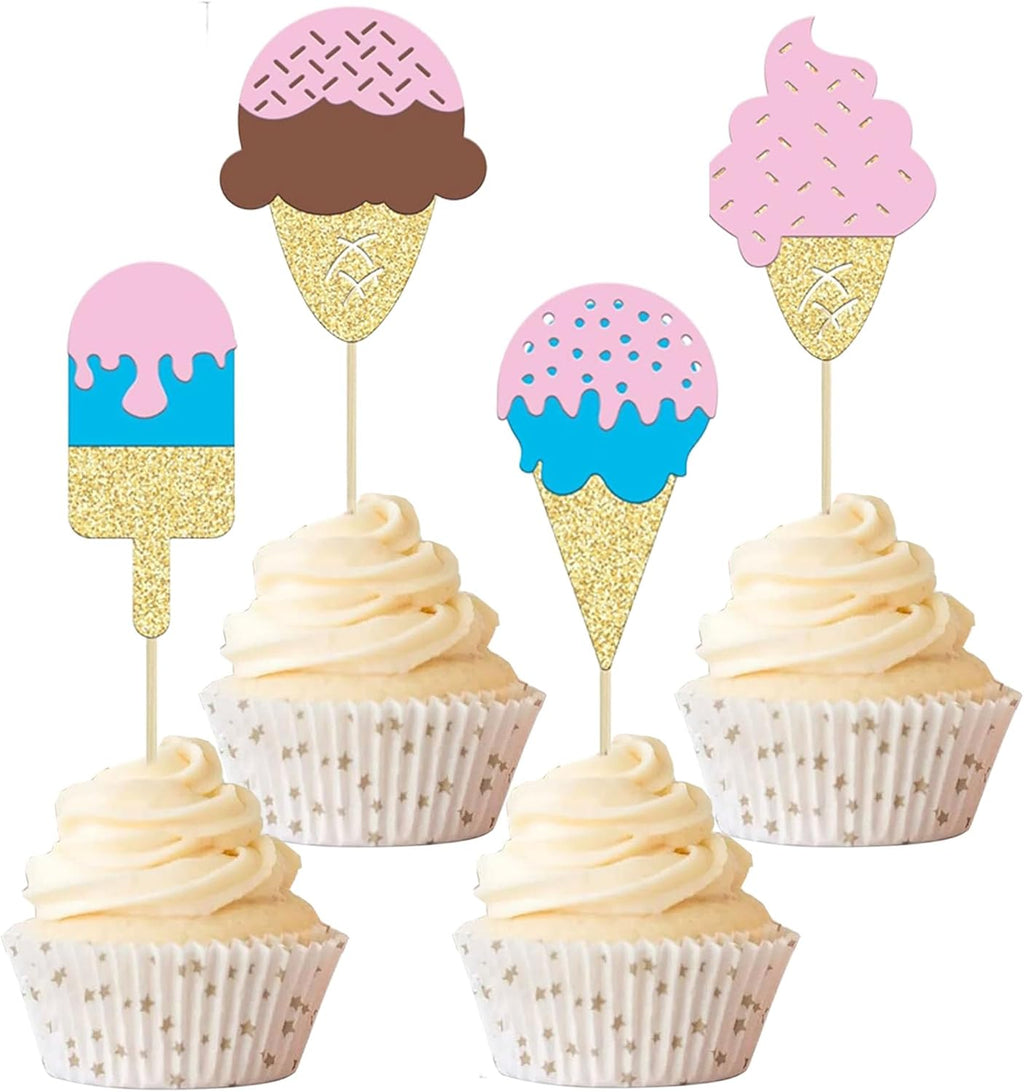 12 Pcs Ice Cream Cupcake Topper Glitter Cupcake Decoration Summer Dessert Ice Cream Theme Party, Birthday Wedding Party Popsicle Baby Shower Decorations Supplies