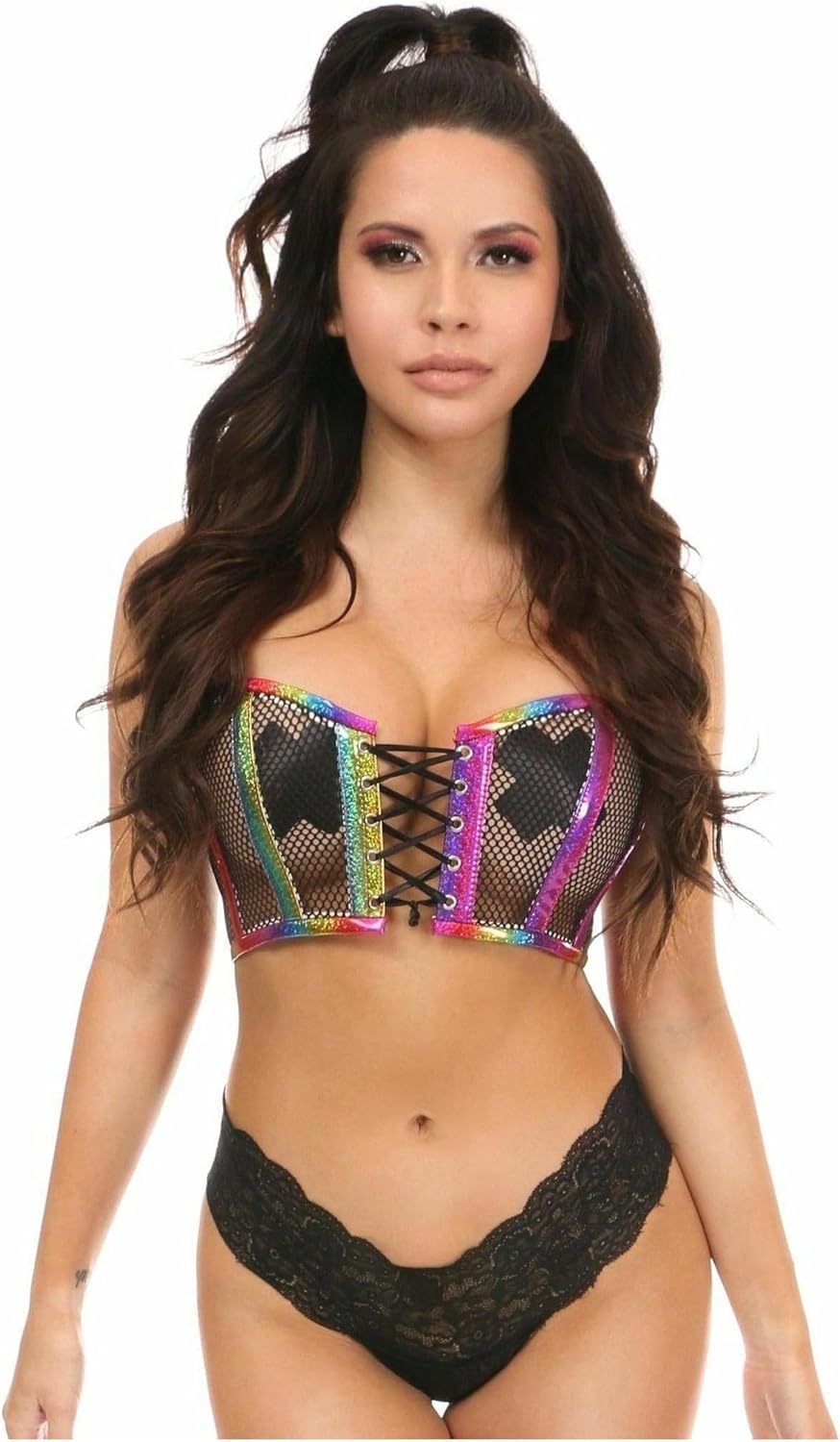 Daisy corsets Women's Rainbow Pvc Glitter & Fishnet Lace-up Short Bustier Top