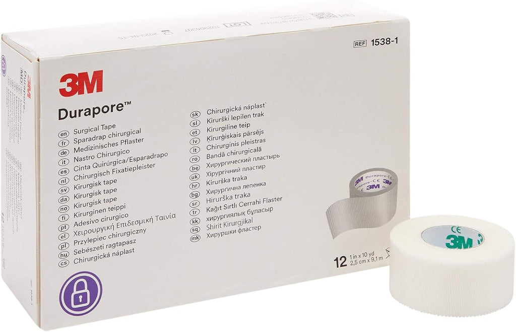 3M Durapore Medical Tape, Non-Sterile, Silk-Like Cloth, White, 1 in x 10 yds, 12 Rolls, 1 Pack