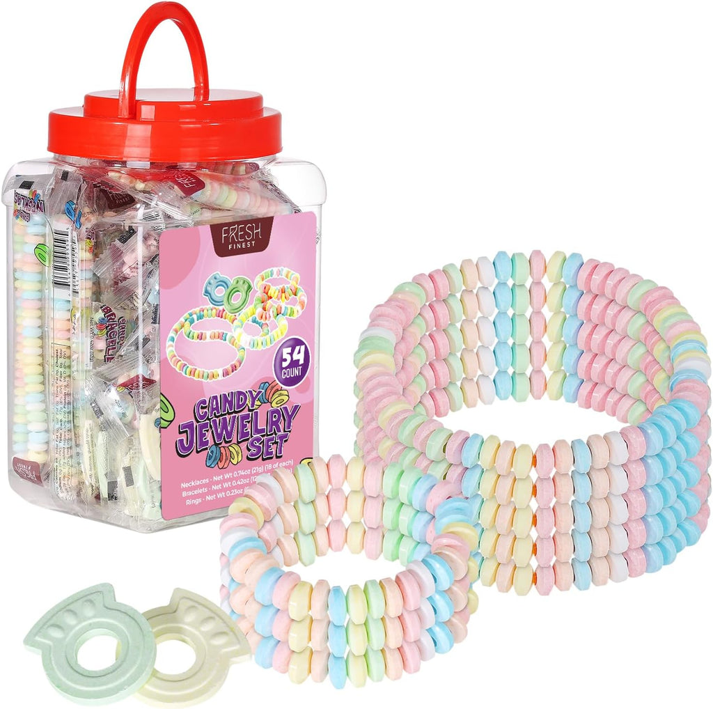 Fresh Finest Novelty Candy Mix - 54-Count Bulk Candy in a Jar. Includes 18 Candy Bracelets, 18 Candy Necklaces, and 18 Candy Rings, All Individually Wrapped.