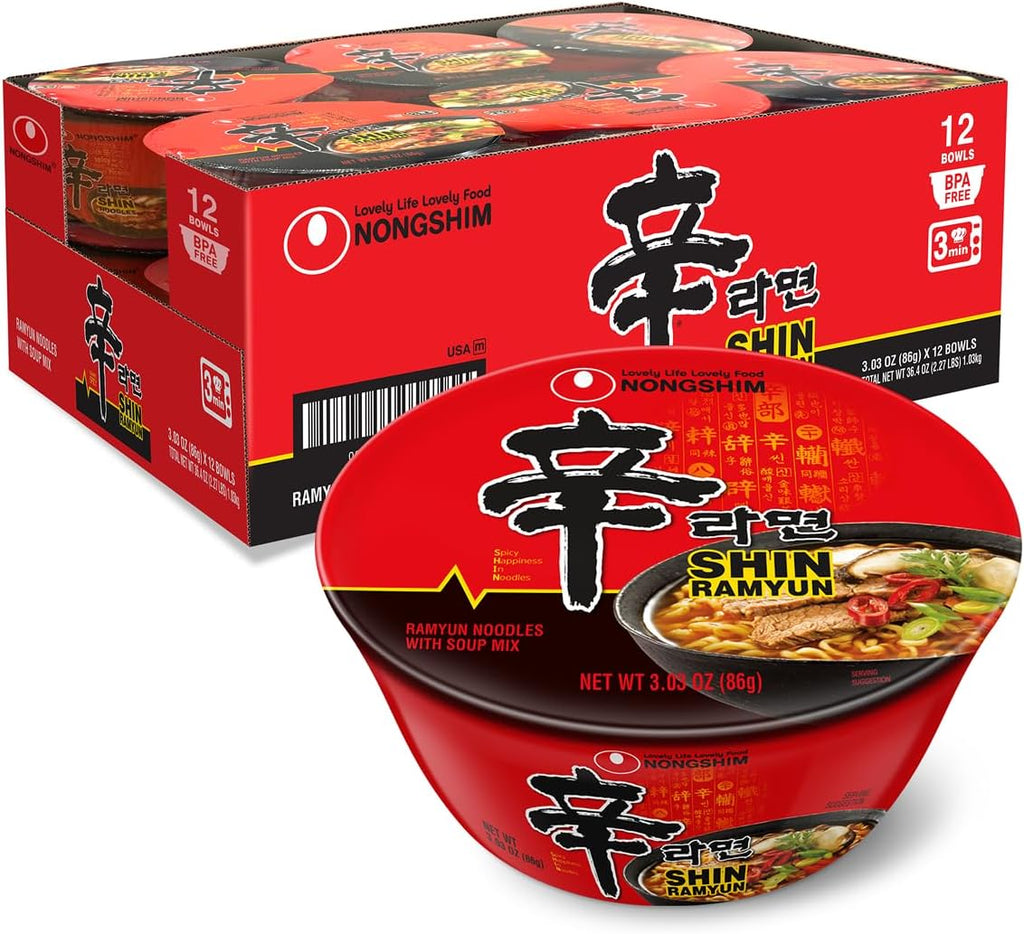 Nongshim Shin Ramyun Bowl Noodles, Spicy Korean Signature Instant Ramyun, Rich Beef Flavored Broth, Quick and Easy, Microwaveable Bowl, 3.03 oz (Pack of 12)