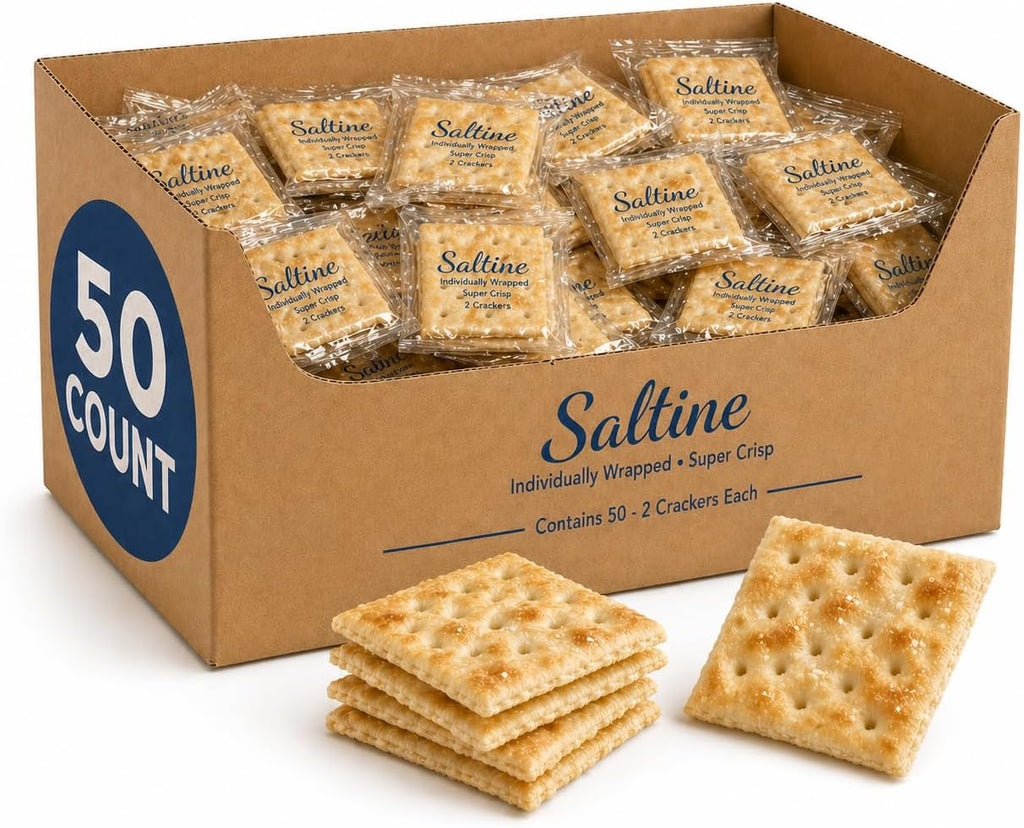 Saltine Crackers|50 Pack| - Premium Individually Wrapped Packs, Salted Soda Cracker - Low Sodium and Fresh Snack