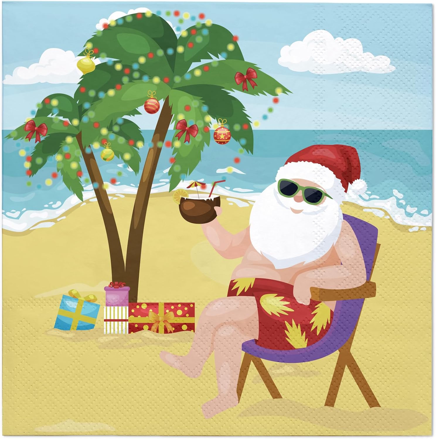 WRAPAHOLIC 50Pcs Christmas Paper Napkins - 3 Ply Hawaiian Santa Claus Disposable Cocktail Napkin for Christmas Party Supplies Tableware, Xmas Holiday - 5 x 5 In