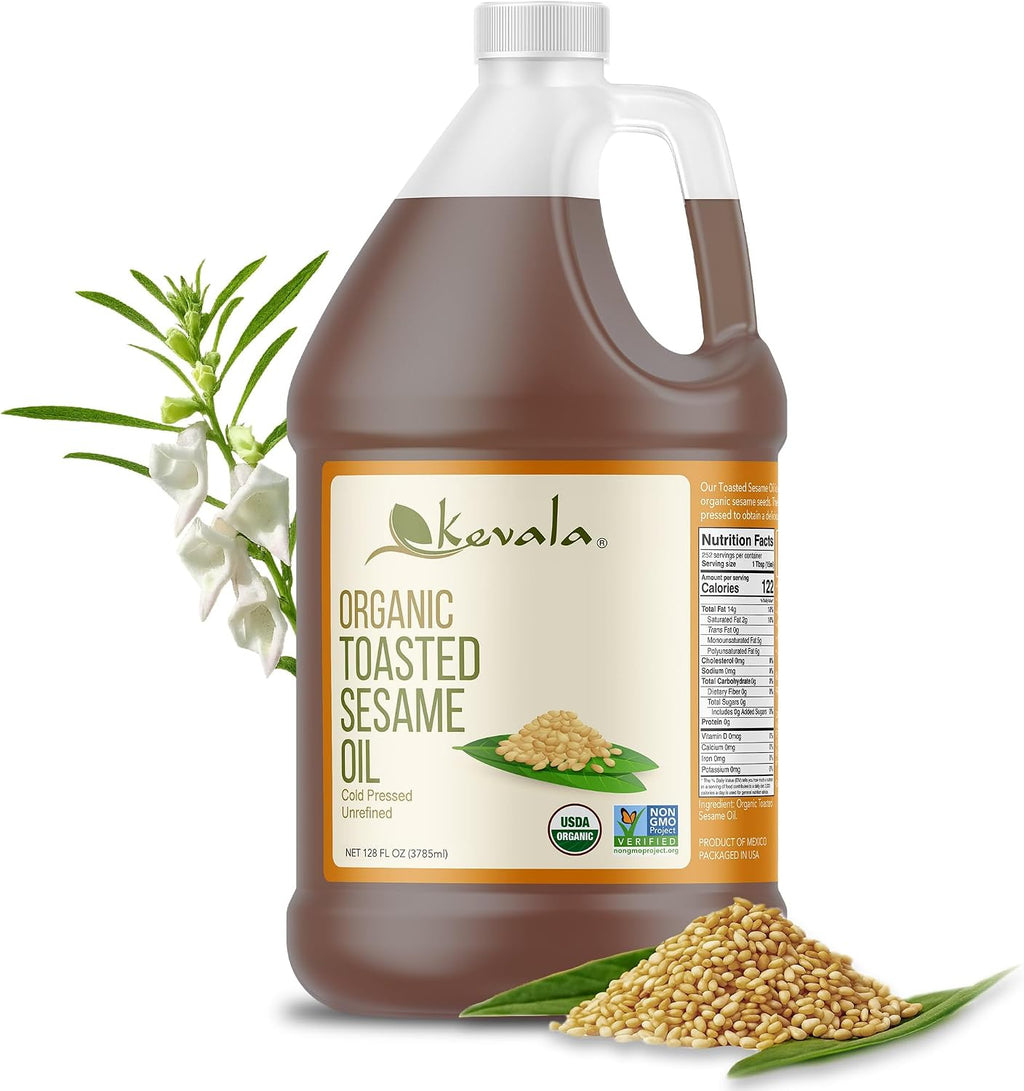 Kevala Organic Toasted Sesame Oil - Oil with Medium Smoke Point Suitable for Light Roasting and Stir-frying, Kitchen Pantry Essential Great for Asian-Style Recipes and Making Sauces, 128 fl oz, 1 gal
