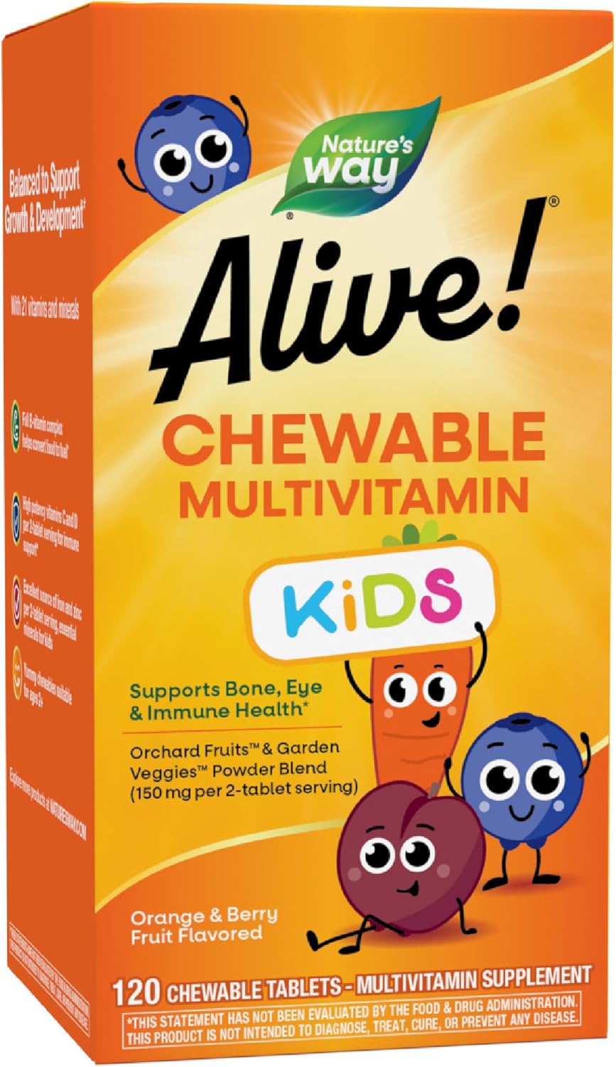 Nature's Way Alive! Children's Daily Chewable Multivitamin Supports Bone, Eye, Immune Health*, Orange and Berry Fruit Flavored, Gluten Free, 120 Tablets