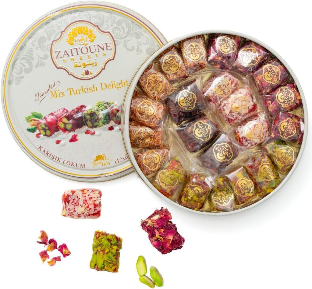 Zaitoune Turkish Delight Mix - 9 oz | Luxury Coatings of Pomegranate, Pistachio, Coconut, Kataifi & Rose | Authentic Lokum Sweet Assortment in a Beautiful Gift Tin | Handmade & Individually Wrapped