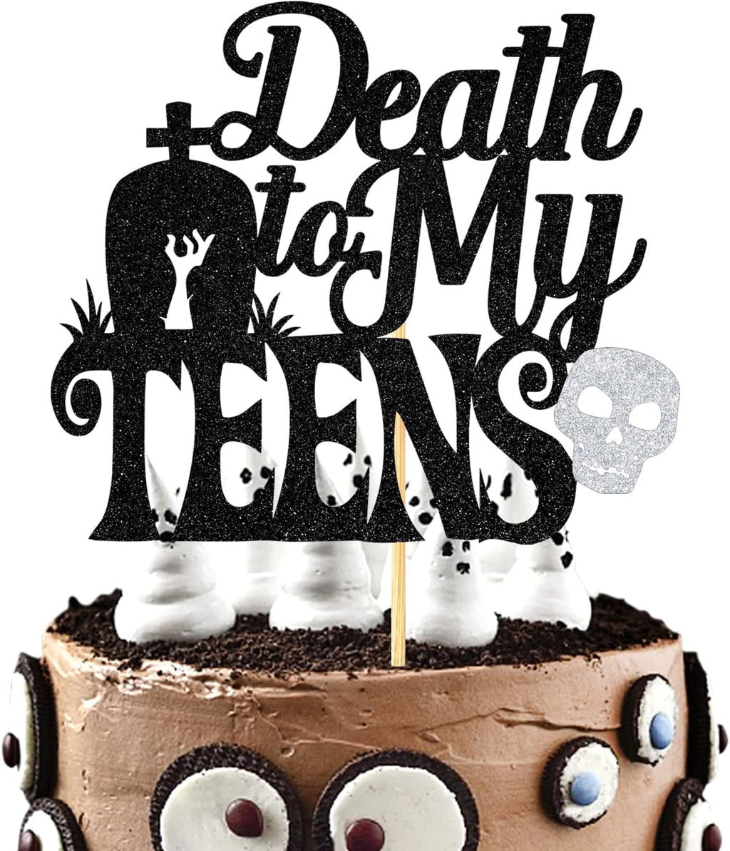 Black Glitter Death to My Teens Cake Topper, Time to Adult 18th Birthday Cake Decor, Old English Themed 16th/17th/18th/19th/20th/21st Birthday Party Decoragtions Supplies