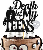Black Glitter Death to My Teens Cake Topper, Time to Adult 18th Birthday Cake Decor, Old English Themed 16th/17th/18th/19th/20th/21st Birthday Party Decoragtions Supplies