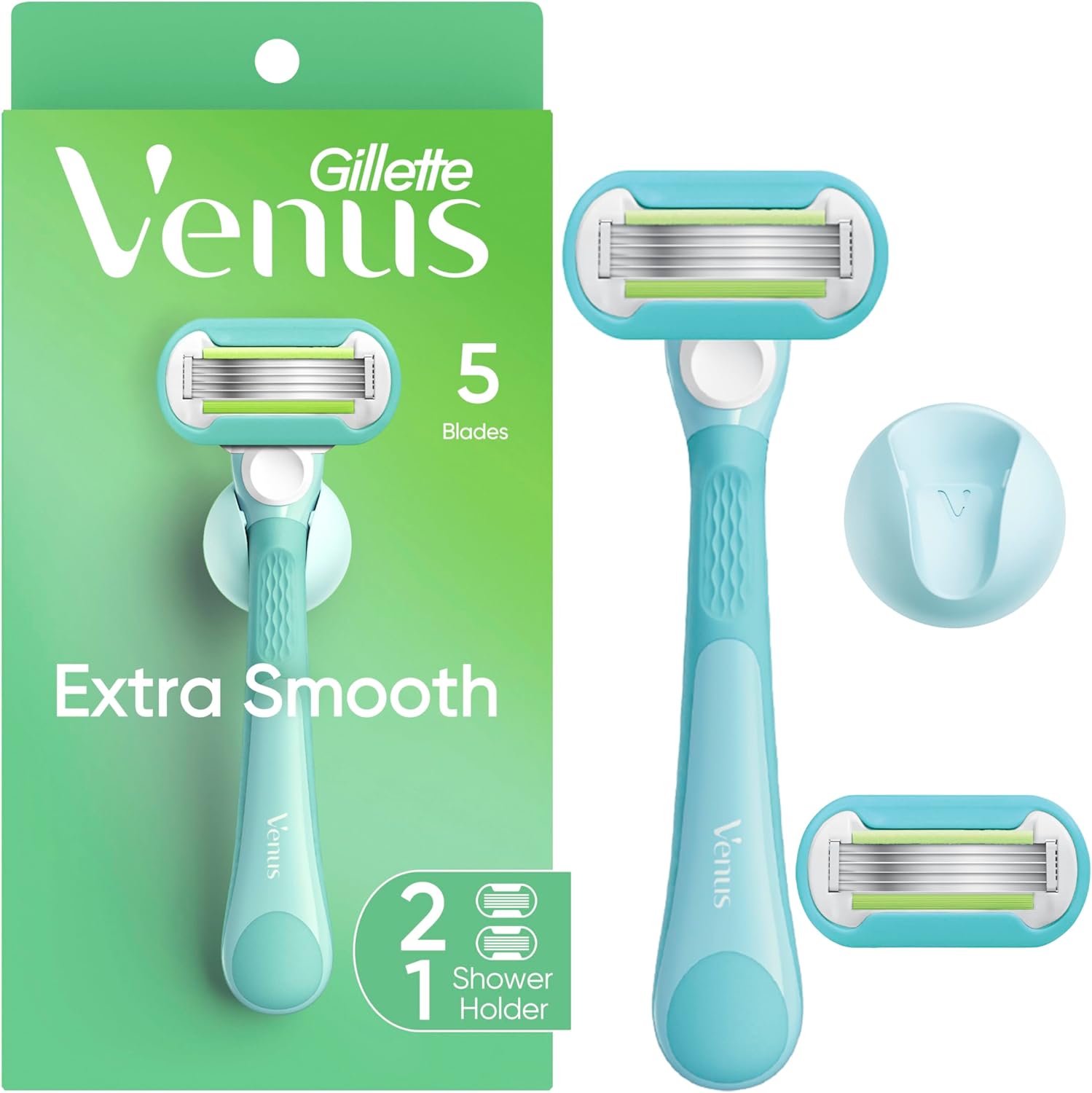 Gillette Venus Extra Smooth Razor for Women, Includes 1 Reusable Razor Handle + 2 Refills, Ergonomic No-Slip Gel Handle and Shower Holder