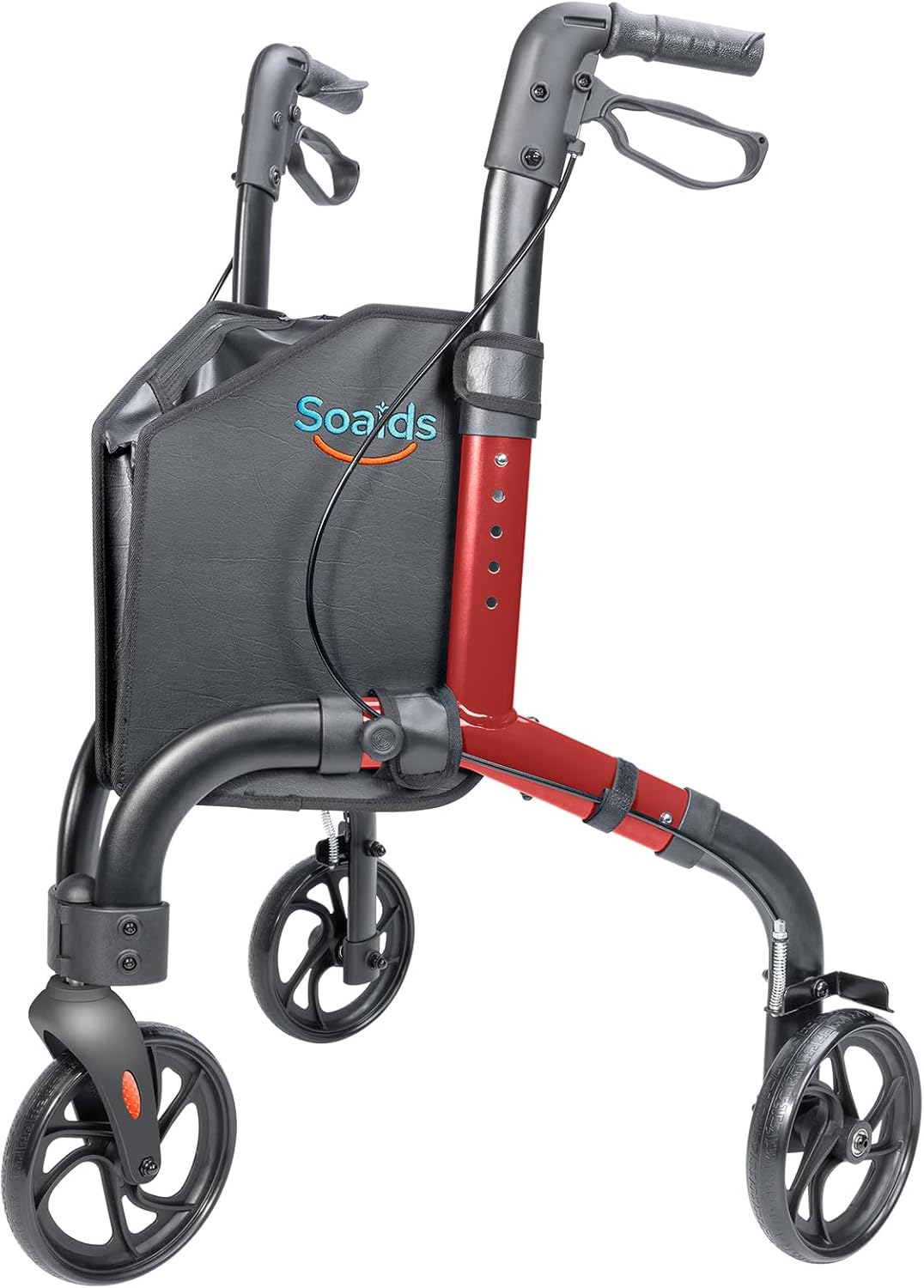 3 Wheel Walkers for Seniors with Bag and Hand Brakes, Lightweight Foldable Rollator with Swivel Front Wheel, Adjustable Height, Compact Mobility Aid for Elderly, Indoor Outdoor Use (Red)