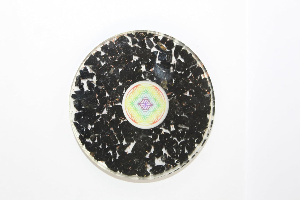 Jet Black Tourmaline Orgone Tea Coaster Flower of Life Round 40 Page Booklet Jet International Crystal Therapy India