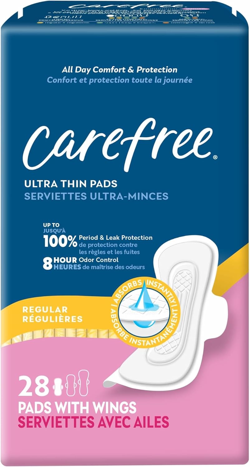 Carefree Ultra Thin Pads for Women, Regular Pads with Wings, 28ct | Carefree Pads, Feminine Care, Period Pads & Postpartum Pads | 28ct (Pack of 1)