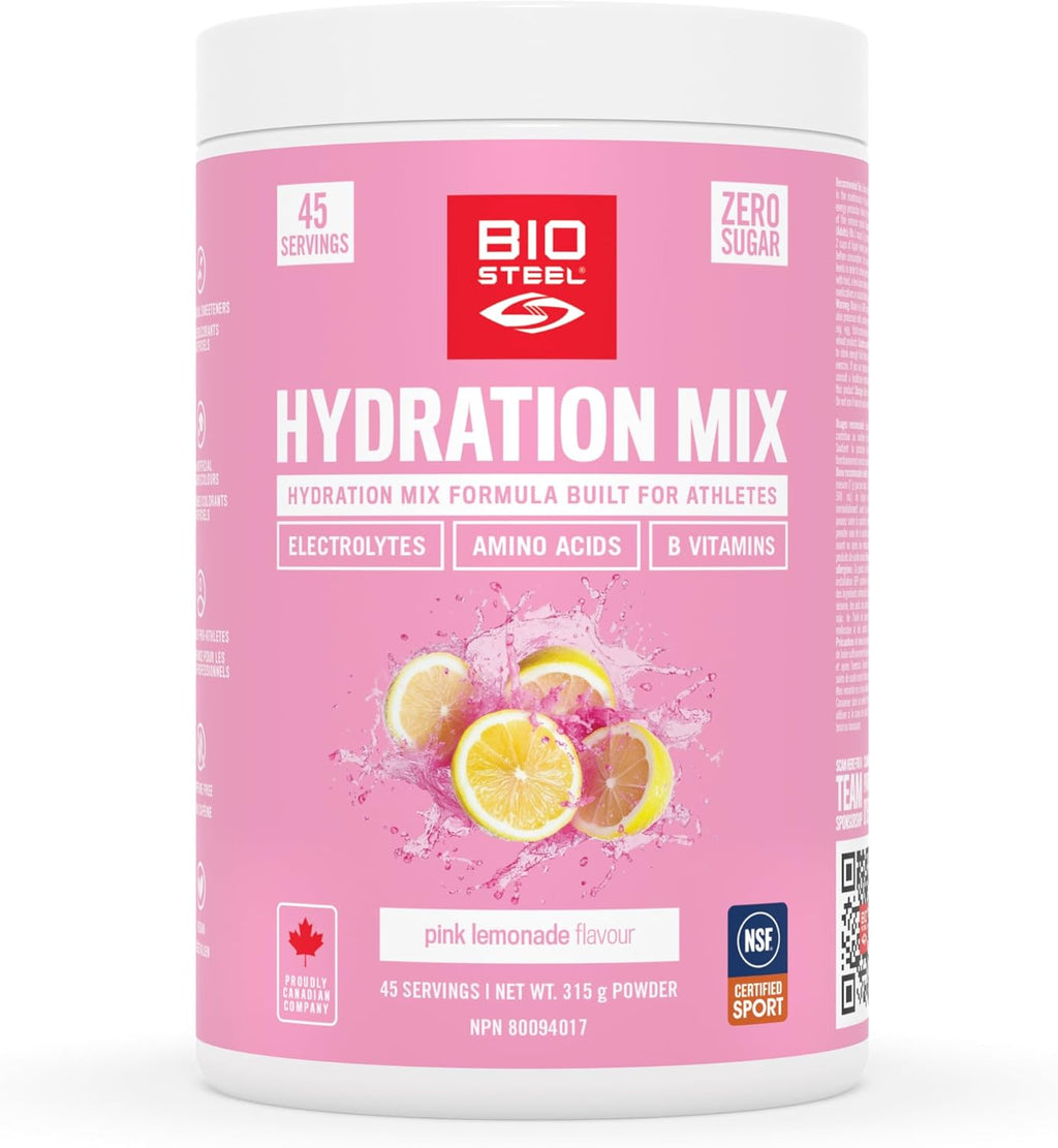 BIOSTEEL Zero Sugar Hydration Mix, Great Tasting Hydration with 5 Essential Electrolytes, Pink Lemonade, 45 Servings per Tub