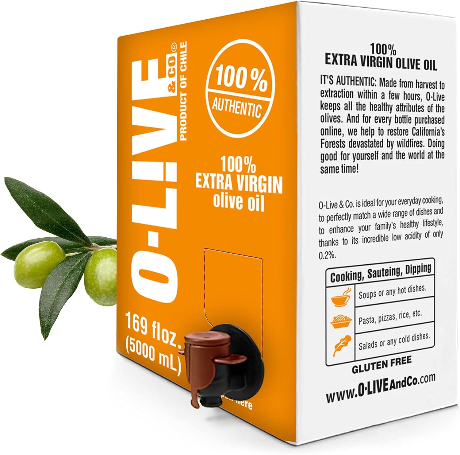 O-Live & Co. 5L (169 Fl Oz) 100% Pure Extra Virgin Olive Oil Bulk - No Additive - Single Origin EVOO - First Cold Pressed - Polyphenol Rich - New Harvest - Spouted Box - Award Winner - Versatile