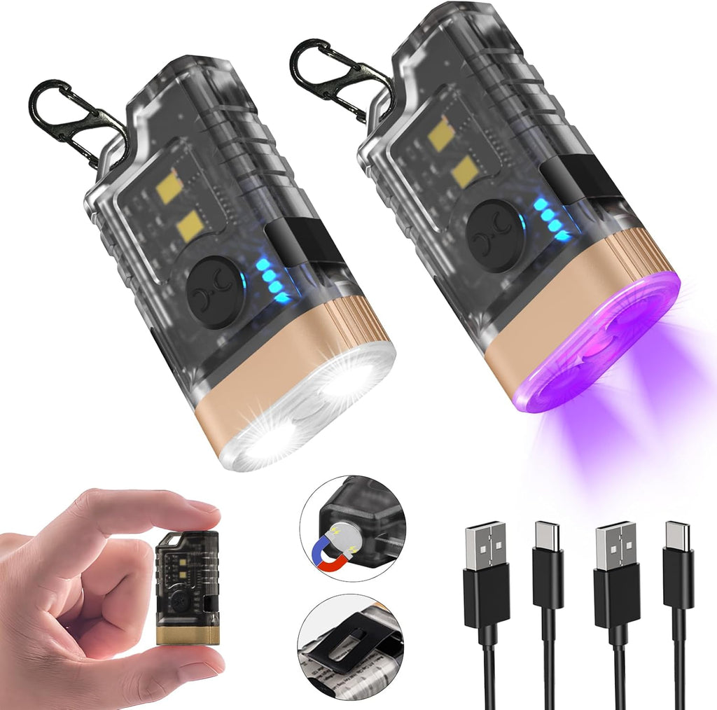 LED Small Powerful EDC Flashlight, 365nm UV Black Light, Mini Led Flashlight High LM, USB C Rechargeable Mini Keychain Flash Light with Clip, Tail Magnet, 9 Modes, Waterproof Pocket Flashlights 2 PC