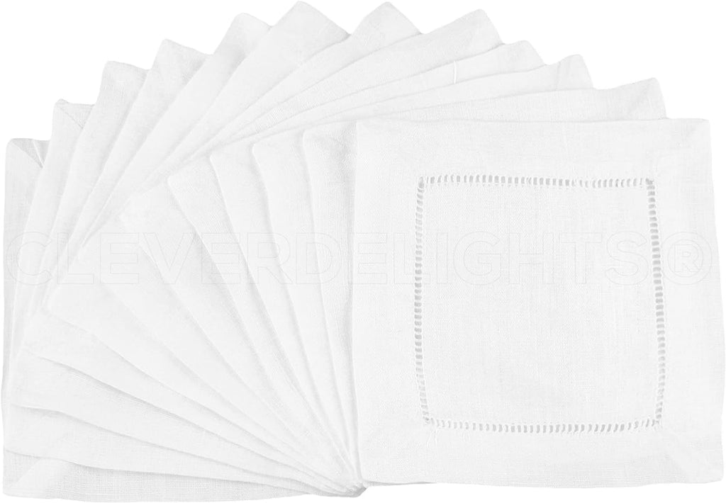 CleverDelights White Hemstitch 6" Cocktail Napkins - 12 Pack - 55/45 Linen Cotton Blend