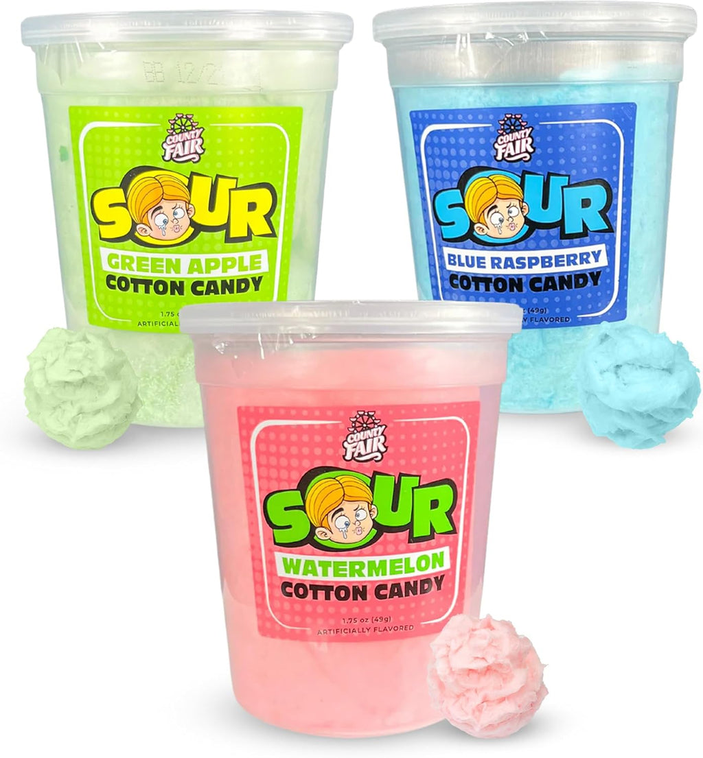 County Fair Sour Cotton Candy Trio Bundle, Tangy Snacks, Ready-to-Eat Blue Raspberry, Green Apple & Watermelon Cotton Candy Treats for Kids/Grown-Ups, Pack of 3 Tubs (1 per Flavor/1.75 oz Ea)