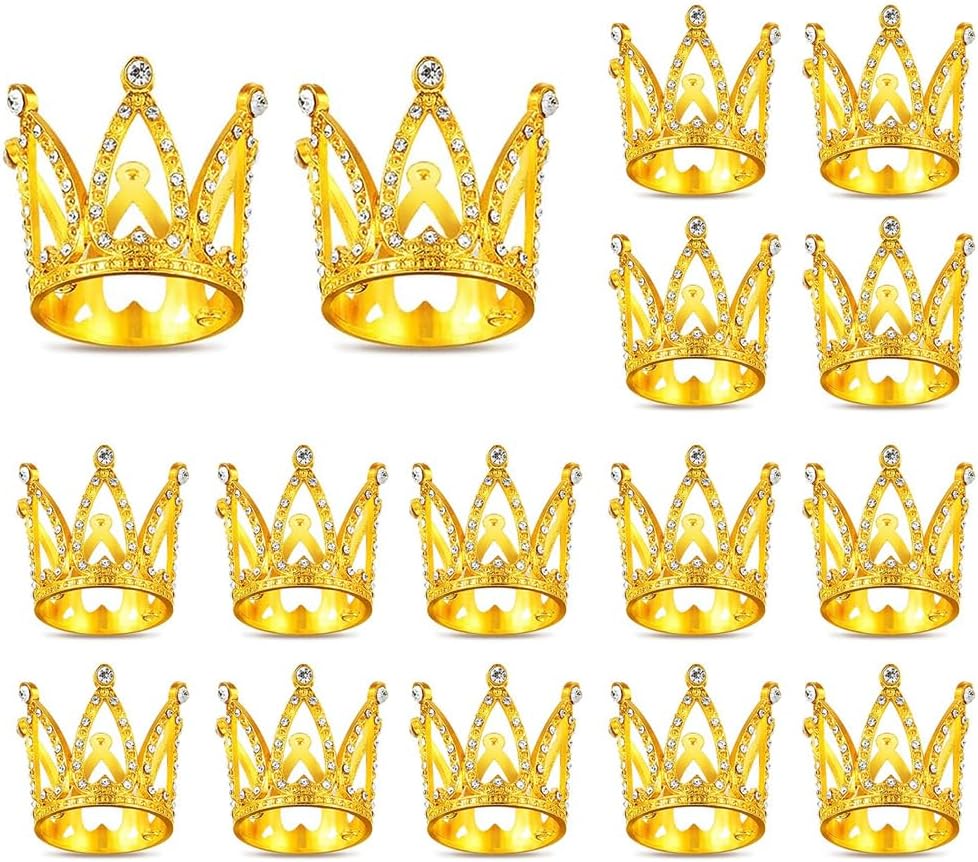 16pcs Mini Crown Cake Topper Crown Tiara Cake Topper Baby Princess Tiara Crown Rhinestone Crown Cake Decorations for Baby Shower Princess Themed Birthday Wedding Party(Gold)
