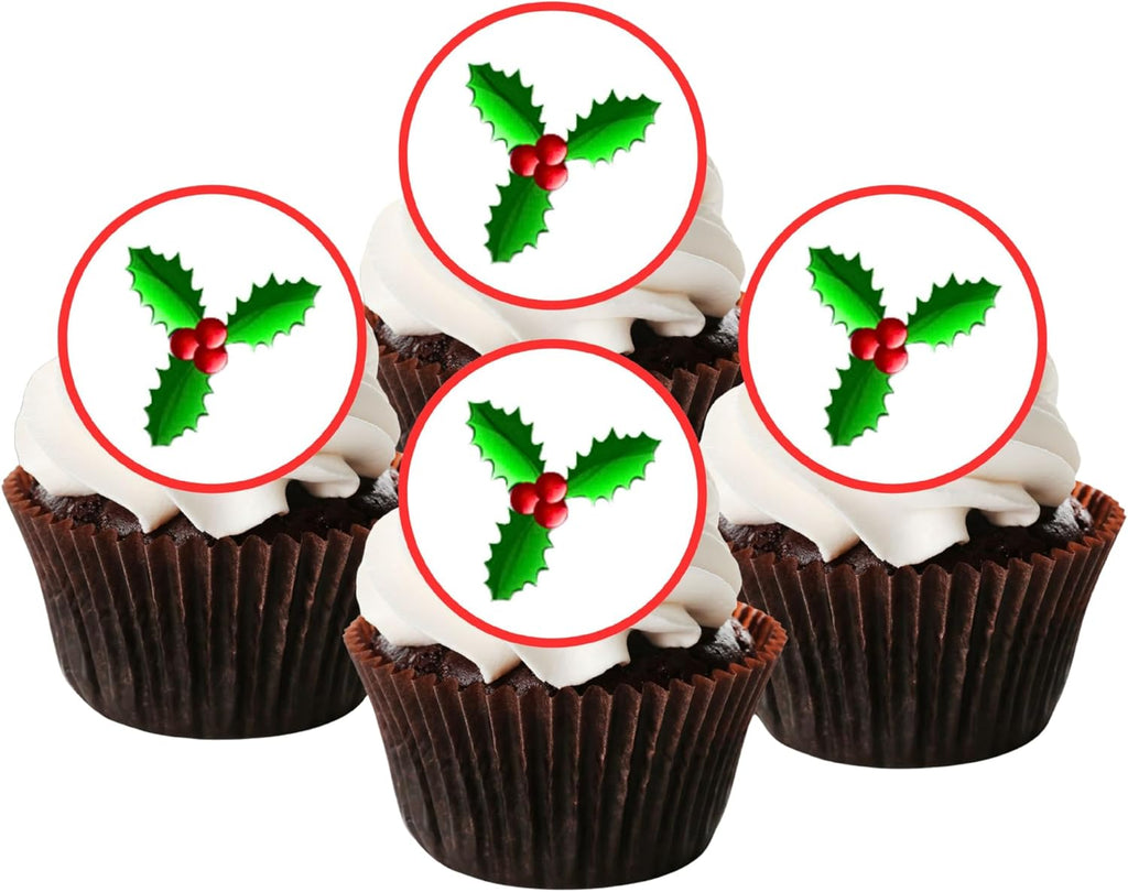 PRECUT Holly Edible Cupcake Toppers, Christmas Cake Decorations, Christmas Cake Topper, Xmas Holly Cupcake & Cookie Decor, 4cm / 1.5 inch Wafer Discs (24)