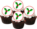 PRECUT Holly Edible Cupcake Toppers, Christmas Cake Decorations, Christmas Cake Topper, Xmas Holly Cupcake & Cookie Decor, 4cm / 1.5 inch Wafer Discs (24)