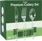 Zcaukya 300 Count Clear Plastic Silverware Set, 100 Forks, 100 Spoons, 100 Knives, Heavy Duty Disposable Cutlery Set Utensils Bulk for Parties, Events, Catering, Everyday Use